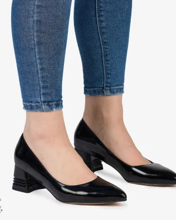 Pantofi Eleganți dama din Piele Naturala LACUITA CU TOC MIC CRL0982 NEGRU
