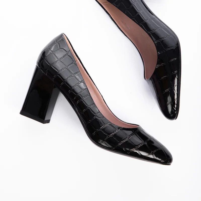 Pantofi Eleganti din Piele Ecologica cu model si toc Gros CRL0725 Negru