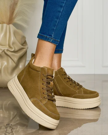 Ghete casual din piele naturală cu talpa solida CRL1510 KHAKI