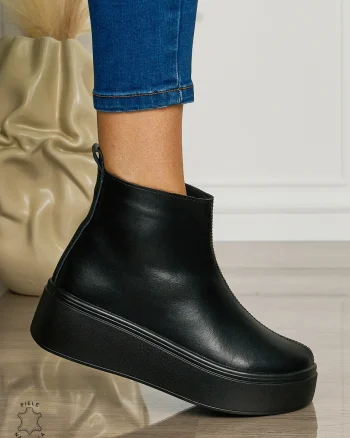 Ghete casual din piele naturală cu talpa solida cu fermoar CRL1511 NEGRU