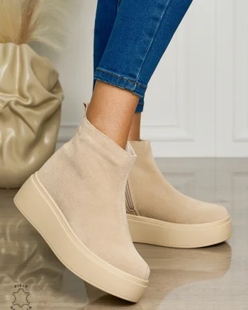 Ghete casual din piele naturală intoarsa cu talpa solida cu fermoar CRL1511 BEJ