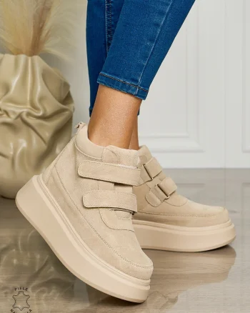Ghete casual din piele naturală intoarsa cu talpa solida Velcro si fermoar CRL1512 BEJ SUEDE