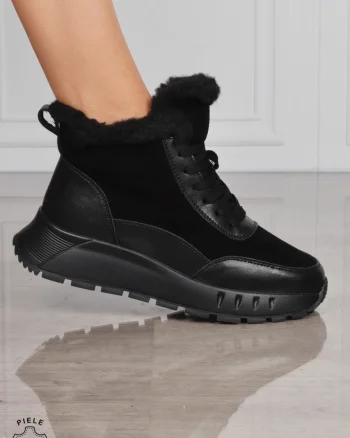 GHETE DAMA scurte din PIELE Naturala Combinata cu Piele intoarsa CRL1528 Negru