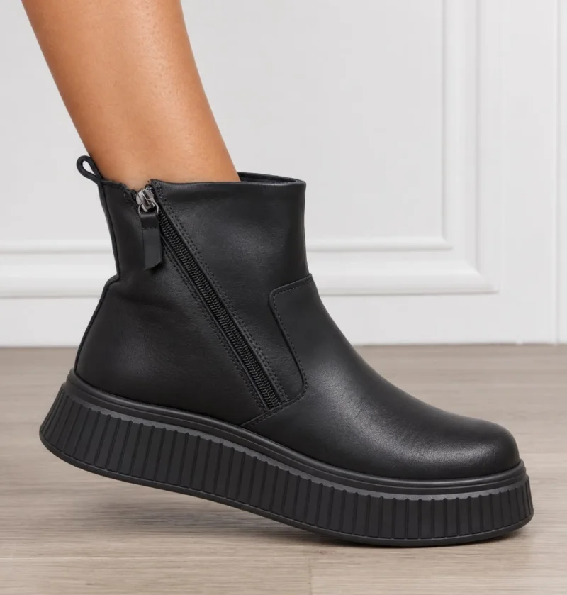 GHETE DAMA din PIELE Naturala cu talpa groasa cu dublu fermoar CRL1533NEGRU