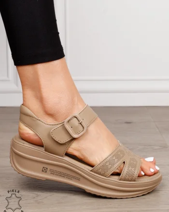 Sandale dama din Piele Naturala cu inchidere catarama CRL1546 khaki