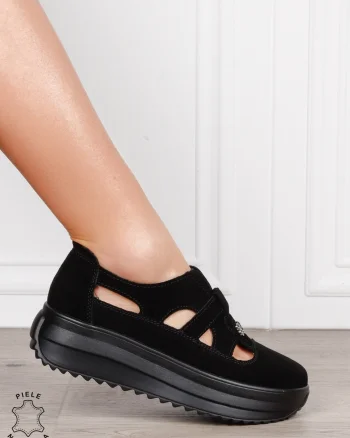 Sandale dama din Piele Naturala Intoarsa cu talpa inalta CRL1558 negru