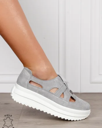 Sandale dama din Piele Naturala Intoarsa cu talpa inalta CRL1558 GRI