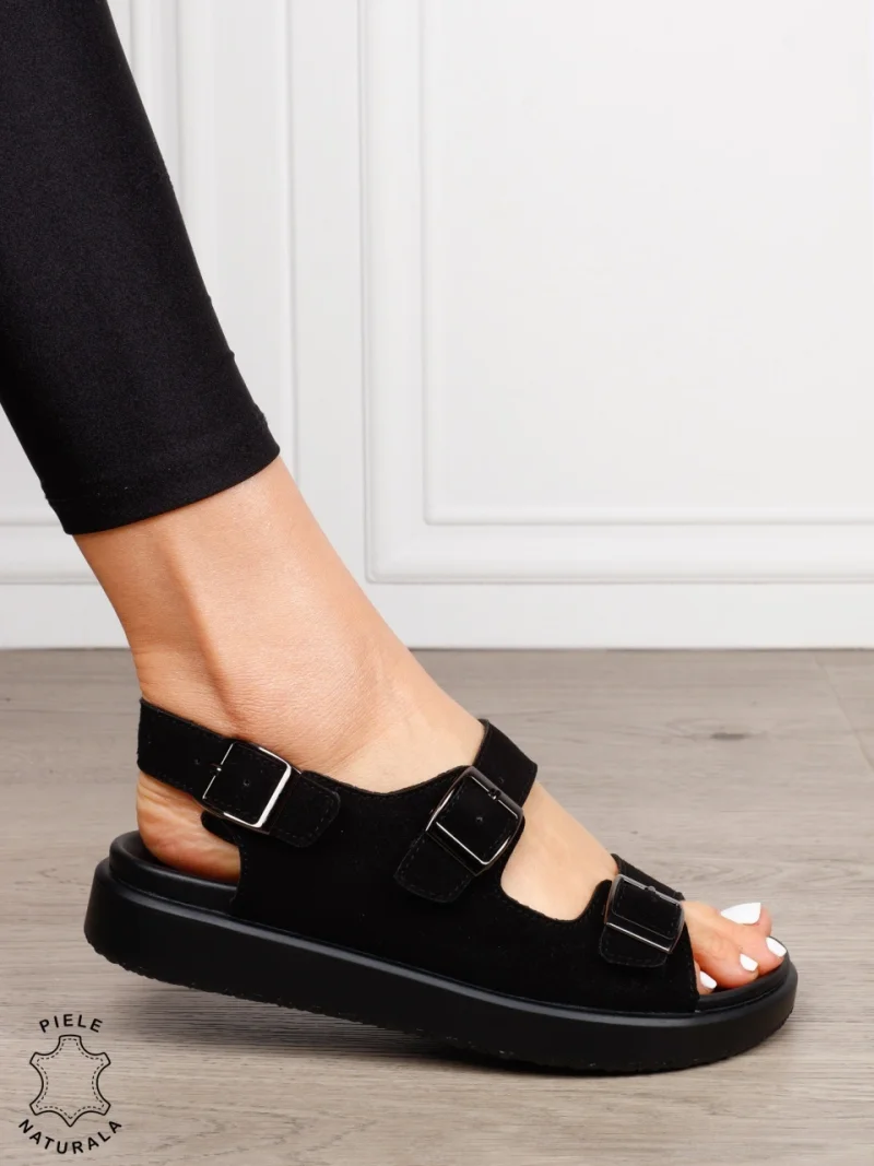 Sandale dama din Piele Naturala intoarsa cu talpa plata CRL1561 Negru