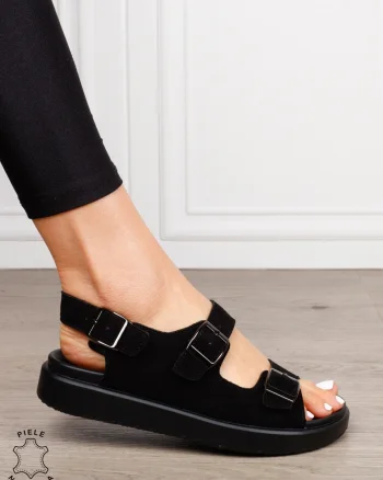 Sandale dama din Piele Naturala intoarsa cu talpa plata CRL1561 Negru