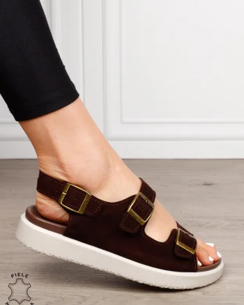 Sandale dama din Piele Naturala intoarsa cu talpa plata CRL1561 CAFENIU