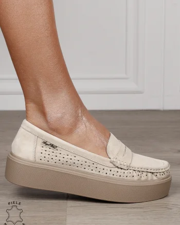 MOCASINI damă din piele naturală intoarsa cu talpa inalta CRL1580 BEJ