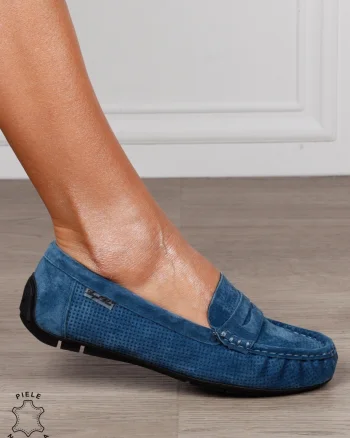 MOCASINI damă din piele naturală Intoarsa cu talpa joasa CRL1582 Albastru
