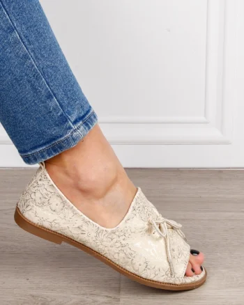 Sandale dama din piele Ecologica cu brant din piele naturala si fundita CRL1592 BEJ