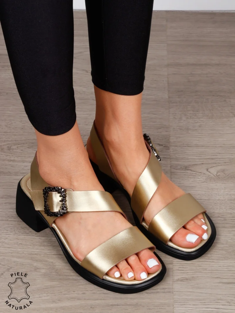 SANDALE Dama Piele Naturala cu toc patrat gros CRL1601 AURIU