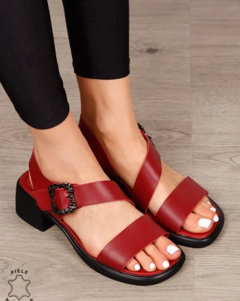 SANDALE Dama Piele Naturala cu toc patrat gros CRL1601 BORDO