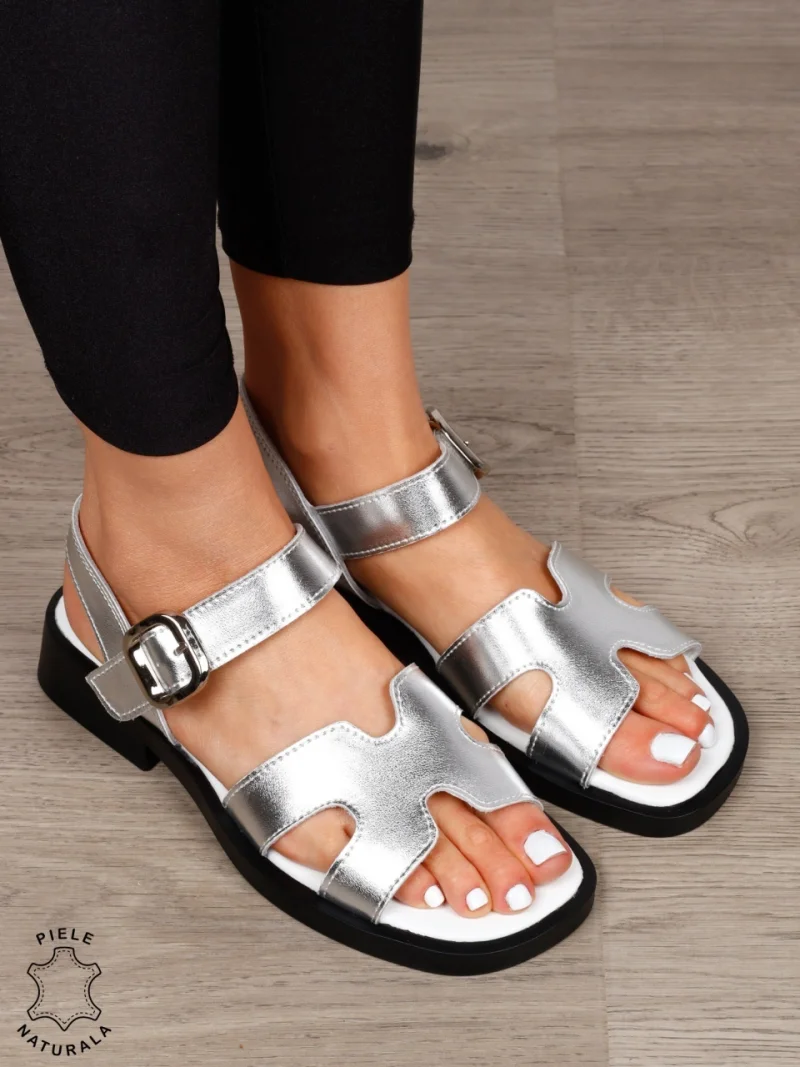 SANDALE Dama Piele Naturala cu toc patrat mic CRL1602 ARGINTIU