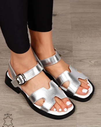 SANDALE Dama Piele Naturala cu toc patrat mic CRL1602 ARGINTIU