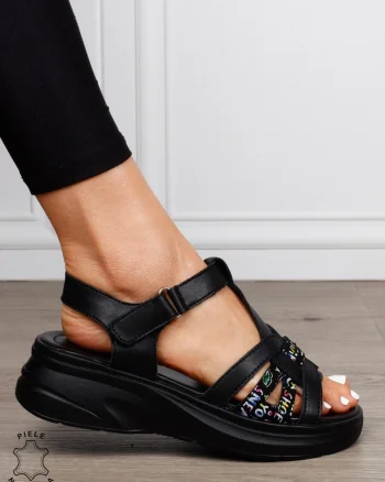 SANDALE Dama Piele Naturala cu talpa usor inalta CRL1603 NEGRU