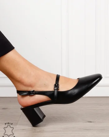 Pantofi dama eleganti cu toc gros si inchidere dubla CRL1608 Negru