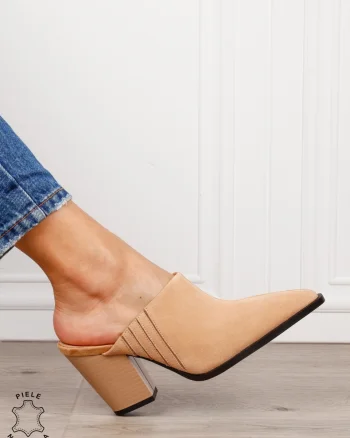 Pantofi dama eleganti cu toc gros si varf ascutit din piele naturala intoarsa CRL1609 BEJ