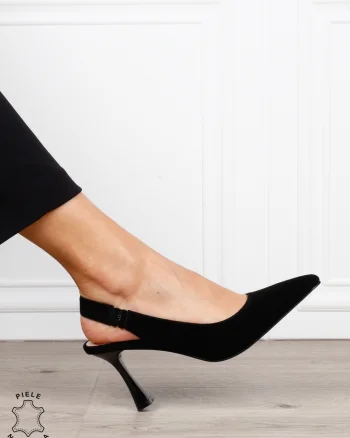 Pantofi dama eleganti cu toc subtire si varf ascutit din piele naturala intoarsa CRL1612 NEGRU