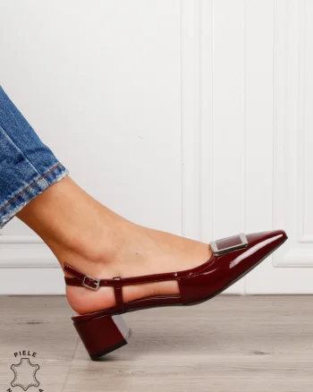 Pantofi dama eleganti din piele naturala cu toc gros mic CRL1615 Bordo
