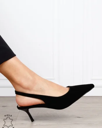 Pantofi dama eleganti din piele naturala Intoarsa cu toc subtire si varf ascutit CRL1616 NEGRU