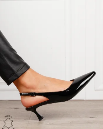 Pantofi dama eleganti din piele naturala cu toc subtire si varf ascutit CRL1617 NEGRU