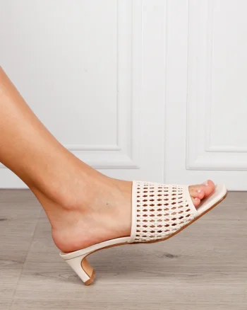 Pantofi dama eleganti din piele ecologica si brant din piele naturala cu toc subtire si varf decupat CRL1619 BEJ