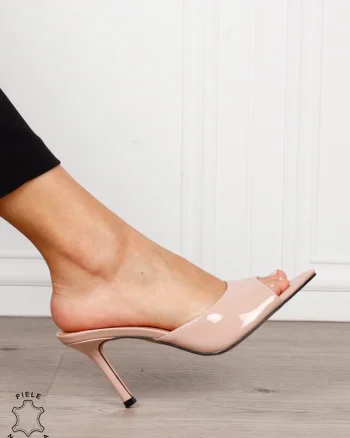 Pantofi dama eleganti din piele naturala lacuita cu varf decupat CRL1632 BEJ