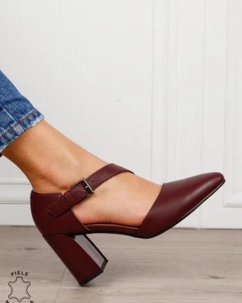 Pantofi dama eleganti din piele naturala cu bareta si toc gros CRL1634 Bordo