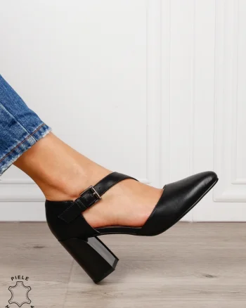 Pantofi dama eleganti din piele naturala cu bareta si toc gros CRL1634 Negru
