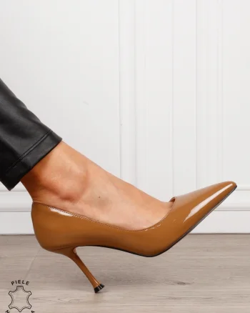 Pantofi dama eleganti din piele naturala Lacuita cu toc subtire clasic CRL1636KHAKI