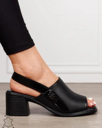 Sandale dama din Piele Naturala cu toc gros CRL1639 NEGRU