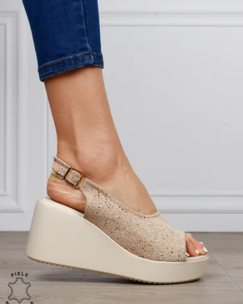 Sandale damă din piele naturală talpa tip platorma cu cataramă CRL1644 BEJ