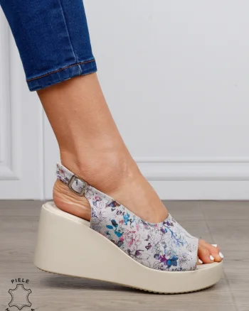 Sandale damă din piele naturală talpa tip platorma cu cataramă CRL1644 ALBASTRU