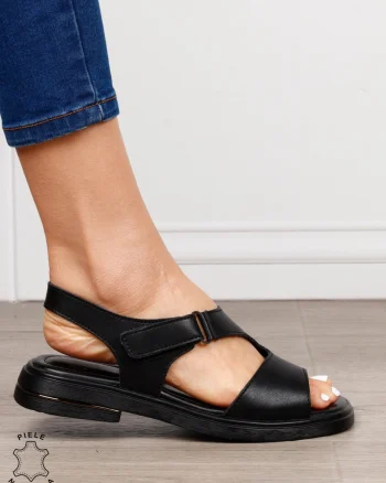 Sandale damă din piele naturală model casual cu talpă joasă și design modern CRL1646 NEGRU
