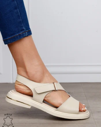 Sandale damă din piele naturală model casual cu talpă joasă și design modern CRL1646 BEJ
