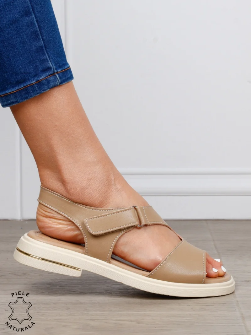 Sandale damă din piele naturală model casual cu talpă joasă și design modern CRL1646 KHAKI