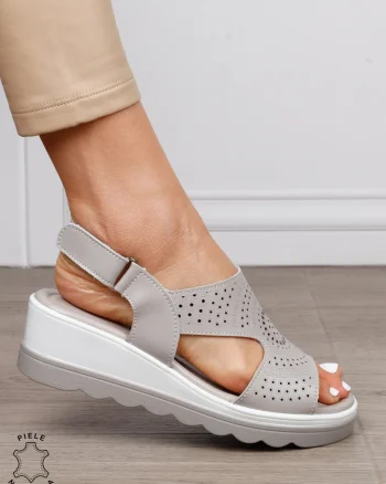 Sandale damă din piele naturală model casual cu barete simple CRL1663 GRI