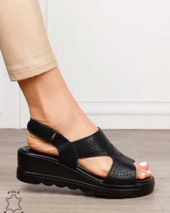 Sandale damă din piele naturală model casual cu barete simple CRL1663 NEGRU