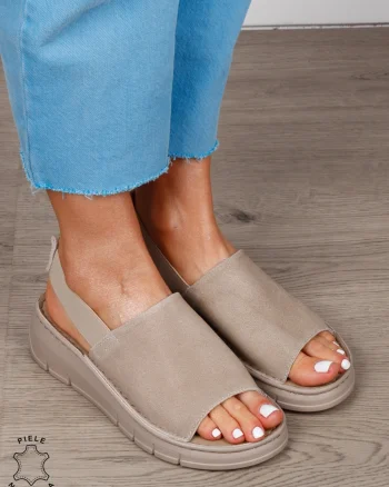 Sandale Damă din Piele Naturală Intoarsa cu Design Modern și Bareta Elastică CRL1805 BEJ INCHIS