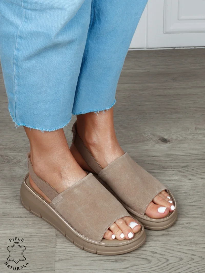 Sandale Damă din Piele Naturală Intoarsa cu Design Modern și Bareta Elastică CRL1805 KHAKI