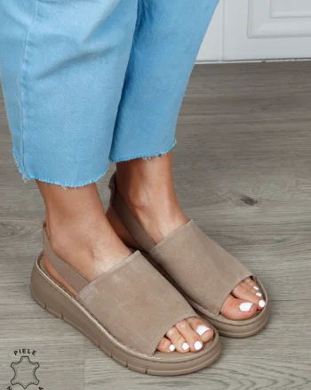 Sandale Damă din Piele Naturală Intoarsa cu Design Modern și Bareta Elastică CRL1805 KHAKI