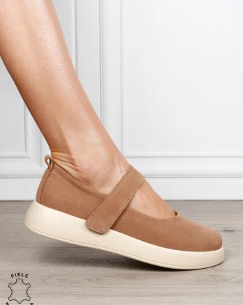 Balerini damă din piele naturală Intoarsa cu baretă reglabilă CRL1806 KHAKI