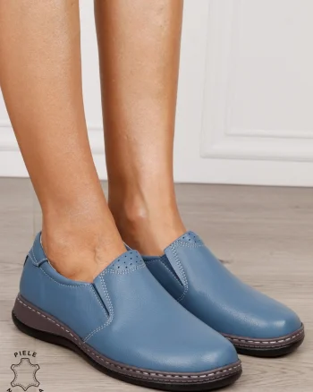 Mocasini dama din piele naturala cu talpa plata CRL0014 ALBASTRU