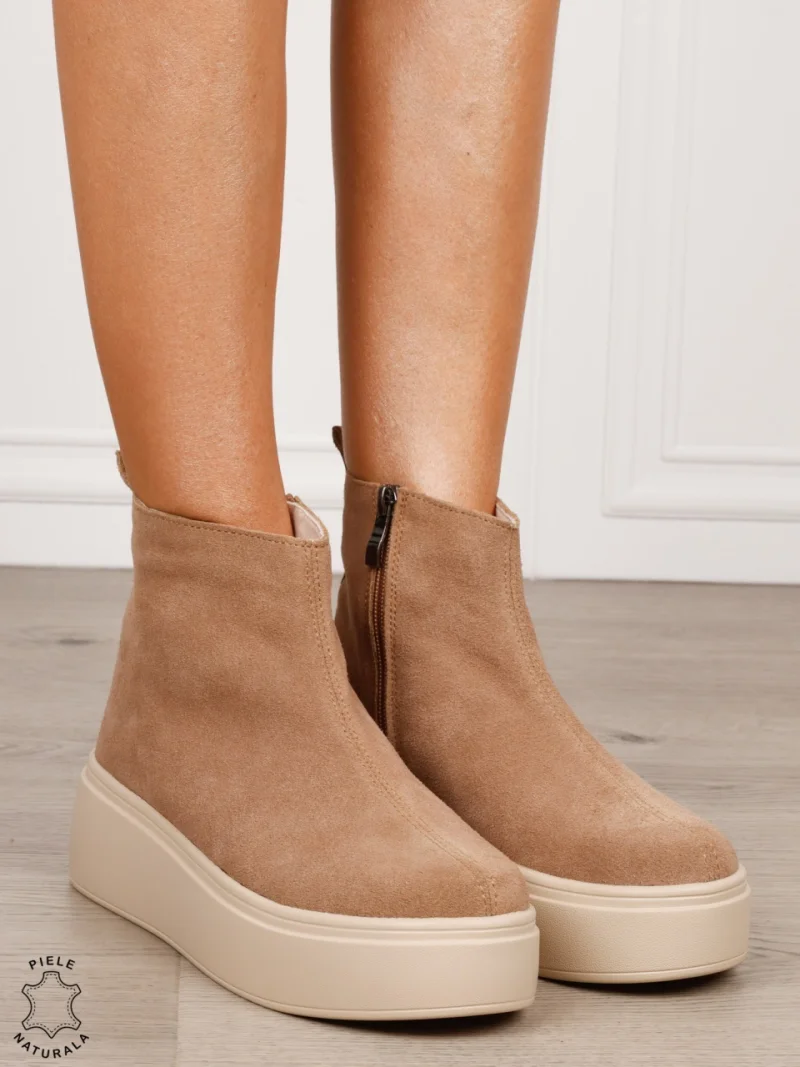 Ghete casual din piele naturală intoarsa cu talpa solida cu fermoar CRL1511 KHAKI