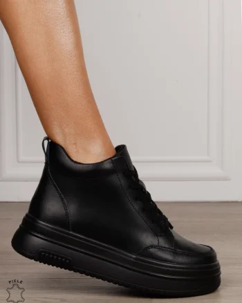 Ghete casual din piele naturală cu talpa solida CRL1510 NEGRU