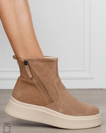 GHETE DAMA din PIELE Naturala intoarsa cu talpa groasa cu dublu fermoar CRL1533KHAKI