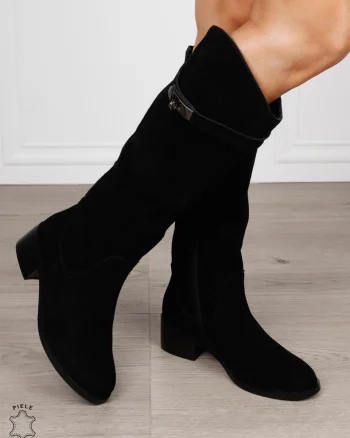 Cizme damă din piele naturală Intoarsa cu ornament elegant CRL1834 NEGRU